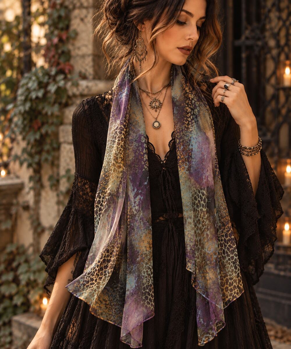 Noelle Sheer Scarf Purple Blue Leopard Animal Print Boho Y2K Whimsigoth Festival